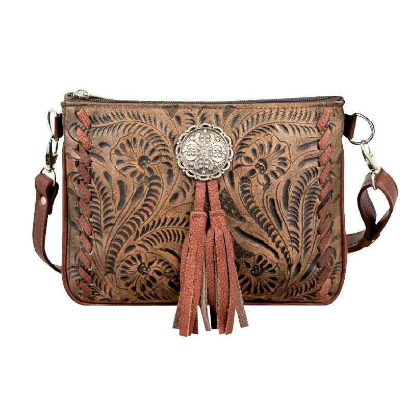 American West Womens Lariats and Lace Distressed Charcoal Leather Crossbody Bag