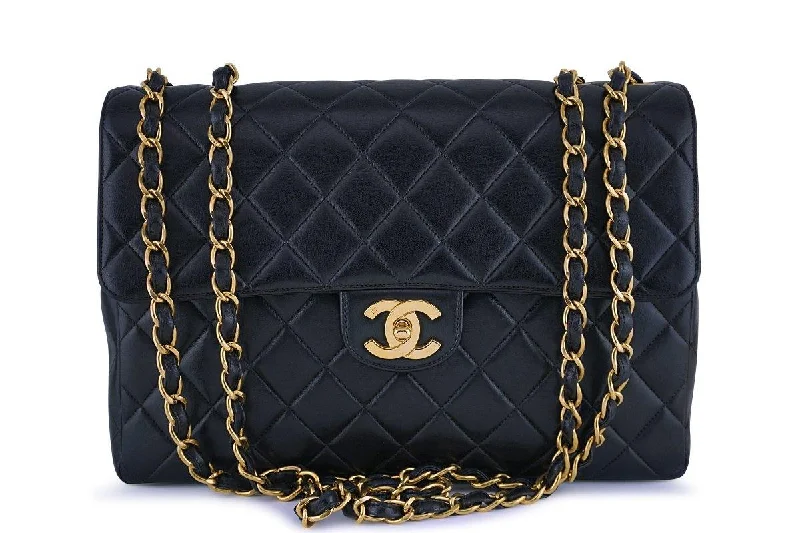 Chanel Black Lambskin Jumbo Quilted Classic 2.55 Flap Bag 24k Gold Plated