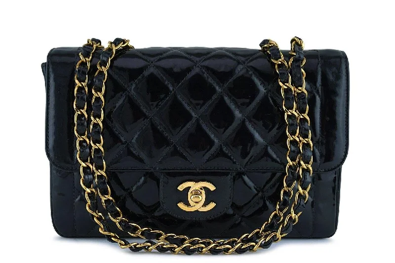 Chanel Black Vintage Patent Classic Medium Quilted Flap Bag GHW