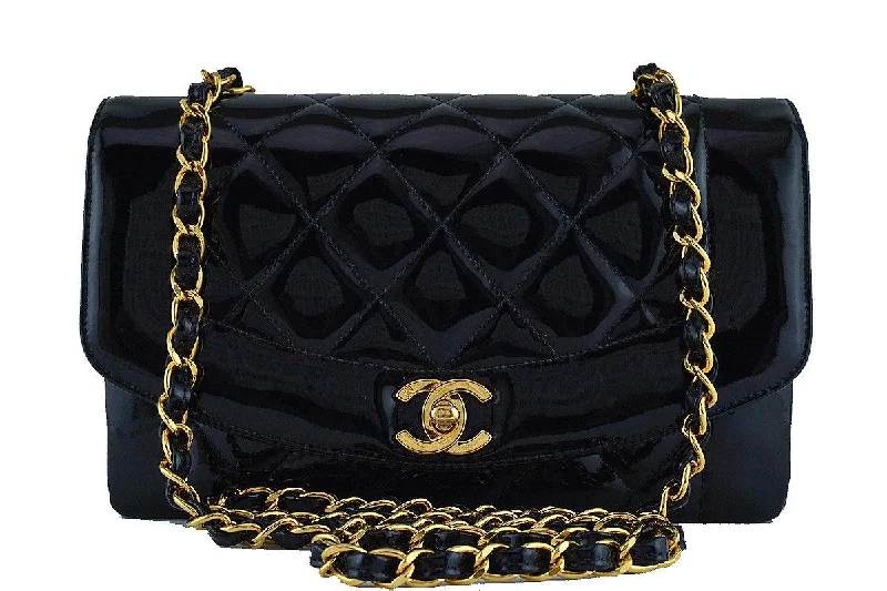 Chanel Vintage Black Patent Quilted Classic "Diana" Shoulder Flap Bag 24k gold plated