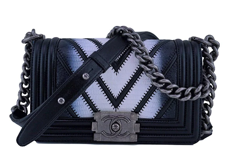 NWT Rare Chanel Black Ombre Chevron Lizard Boy Classic Flap Bag