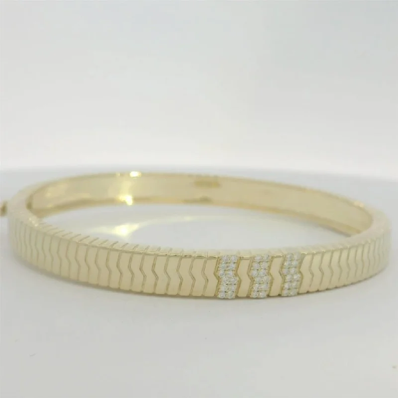 Shop Jewelry That Shines Without The High Price 14K Yellow Gold Bangle With Three Pavé Set Lines Shop Jewelry That Shines Without The High Price 14K Yellow Gold Bangle With Three Pavé Set Lines