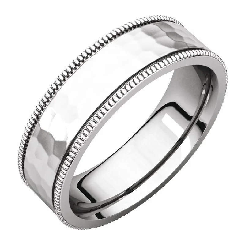 Limited-Time Offer On Premium Jewelry Collections 6mm 14K White Gold Milgrain Hammered Flat Comfort Fit Band Limited-Time Offer On Premium Jewelry Collections 6mm 14K White Gold Milgrain Hammered Flat Comfort Fit Band