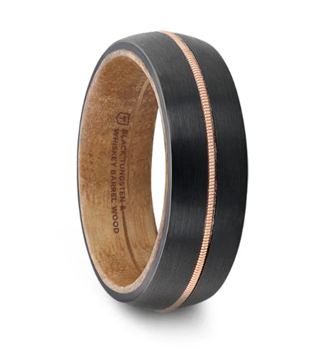 Fashion-Forward Geometric Jewelry For Contemporary Style CHORDAL Black Tungsten with Brass Guitar String and Whiskey Barrel Inner Sleeve - 8mm Fashion-Forward Geometric Jewelry For Contemporary Style CHORDAL Black Tungsten with Brass Guitar String and Whiskey Barrel Inner Sleeve - 8mm