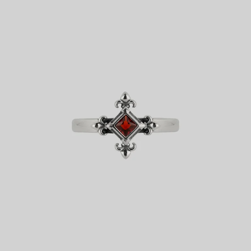 Luxury Jewelry Without The Luxury Price Tag CRIMSON. Medieval Fleur de Lis Garnet Ring - Silver