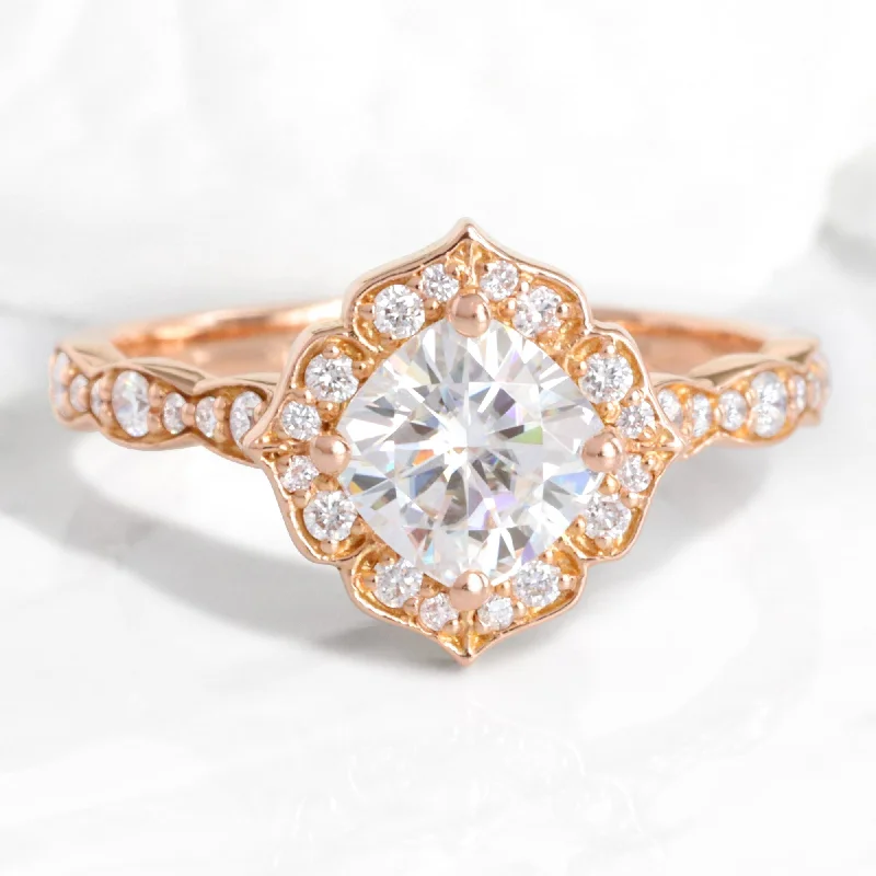 Discounted Jewelry For A Glamorous Look Cushion Moissanite Diamond Ring in Mini Vintage Floral Band Discounted Jewelry For A Glamorous Look Cushion Moissanite Diamond Ring in Mini Vintage Floral Band