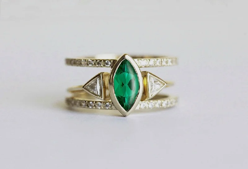 Limited-Stock Jewelry Sale – Once It's Gone, It's Gone Olga Emerald Engagement Ring Set, Triangle Open Wedding Ring Set Limited-Stock Jewelry Sale – Once It's Gone, It's Gone Olga Emerald Engagement Ring Set, Triangle Open Wedding Ring Set