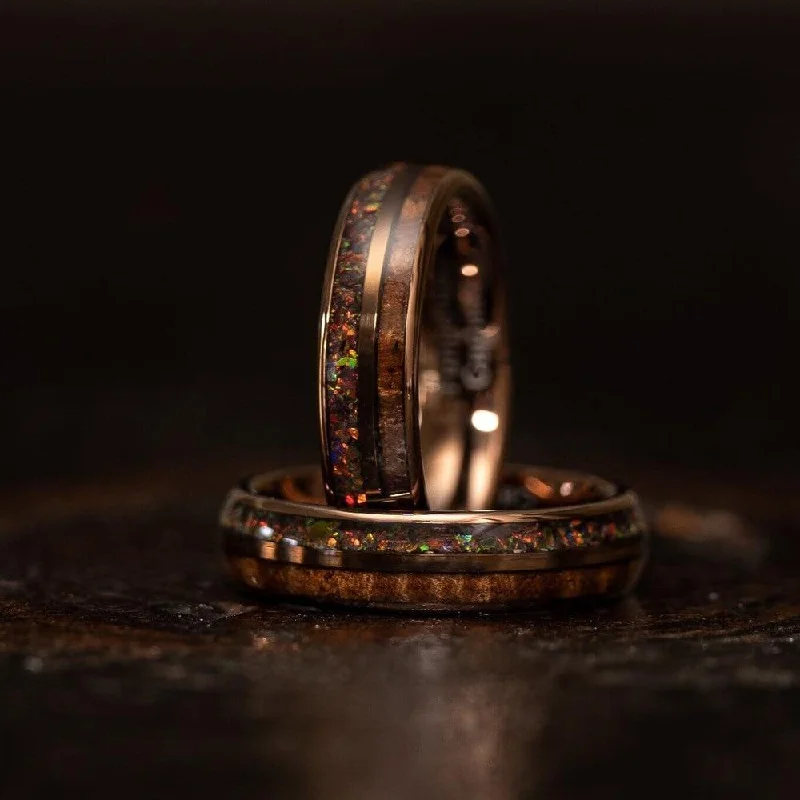 Customized Silver Jewelry For Unique Style "Dionysis" Womens Tungsten Carbide Ring- Smoked Rose Gold X Rasta Opal- 5mm Customized Silver Jewelry For Unique Style "Dionysis" Womens Tungsten Carbide Ring- Smoked Rose Gold X Rasta Opal- 5mm
