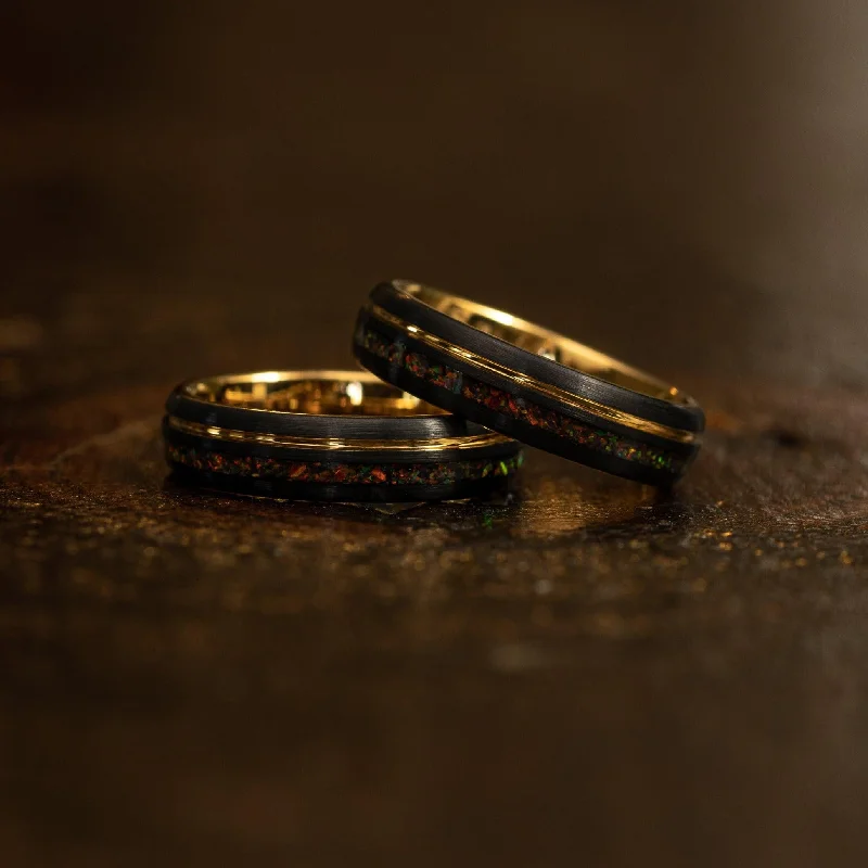 Limited-Stock Jewelry Clearance – Grab Your Favorites Now "Dionysis" Womens Tungsten Carbide Ring- Yellow Gold X Rasta Opal- 5mm Limited-Stock Jewelry Clearance – Grab Your Favorites Now "Dionysis" Womens Tungsten Carbide Ring- Yellow Gold X Rasta Opal- 5mm