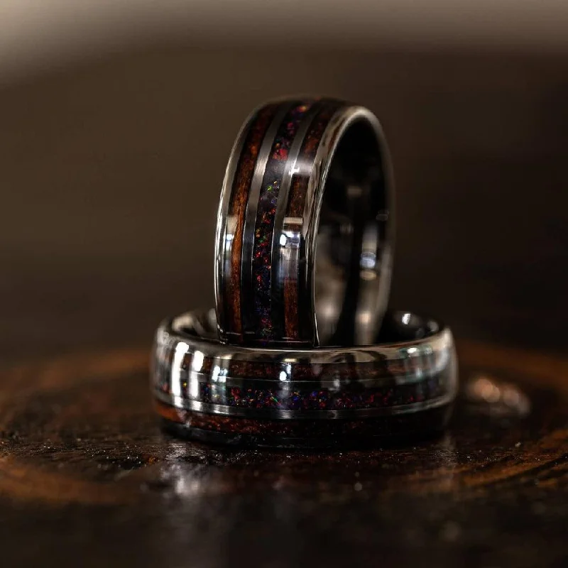 Exclusive Jewelry Sale – Shine For Less "Dionysus" Desert Ironwood x Black Opal Gunmetal Tungsten Ring Exclusive Jewelry Sale – Shine For Less "Dionysus" Desert Ironwood x Black Opal Gunmetal Tungsten Ring