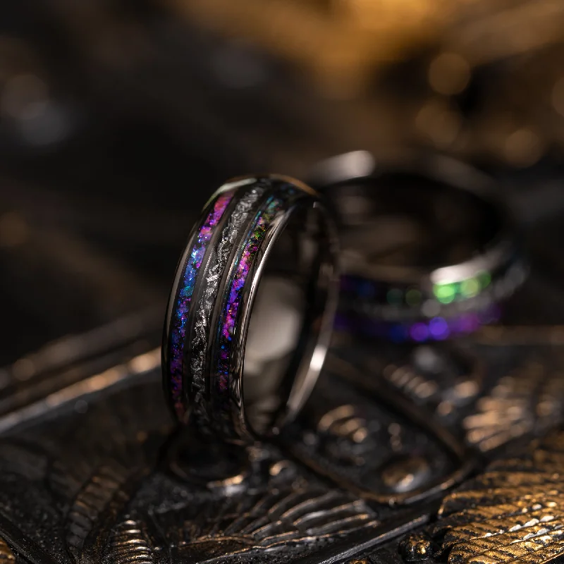 Jewelry Clearance – Final Chance To Save Big "Dionysus" Domed Nebula Ring- Meteorite and Opal- Gunmetal 6mm/8mm Jewelry Clearance – Final Chance To Save Big "Dionysus" Domed Nebula Ring- Meteorite and Opal- Gunmetal 6mm/8mm
