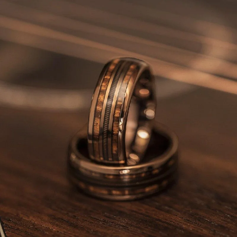 Shop Elegant Jewelry At Unbeatable Prices "Dionysus" Hawaiian Koa Wood x Guitar String Ring- Rose Gold Tungsten 6mm/8mm Shop Elegant Jewelry At Unbeatable Prices "Dionysus" Hawaiian Koa Wood x Guitar String Ring- Rose Gold Tungsten 6mm/8mm