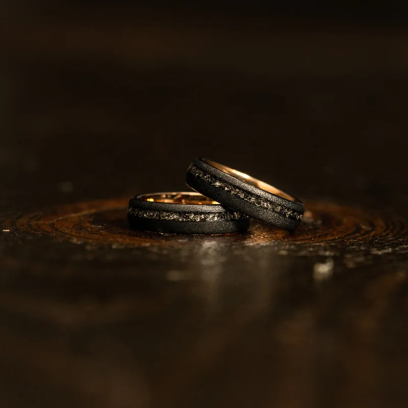 Discounted Luxury Jewelry – Shine Without The Splurge "Dionysus" Sandblasted Tungsten Carbide Ring- Womens Black/Rose w/ Meteorite- 5mm Discounted Luxury Jewelry – Shine Without The Splurge "Dionysus" Sandblasted Tungsten Carbide Ring- Womens Black/Rose w/ Meteorite- 5mm
