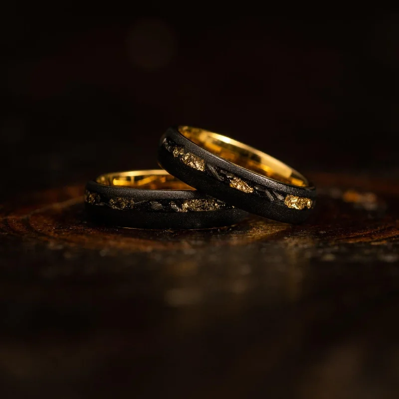 Bohemian-Inspired Jewelry For Free-Spirited Fashion "Dionysus" Sandblasted Tungsten Carbide Ring- Womens Black w/ Gold Leaf & Meteorite- 5mm Bohemian-Inspired Jewelry For Free-Spirited Fashion "Dionysus" Sandblasted Tungsten Carbide Ring- Womens Black w/ Gold Leaf & Meteorite- 5mm
