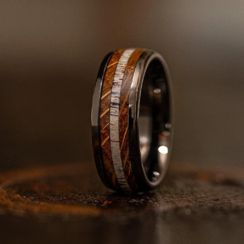Huge Savings On Premium Jewelry Styles "Dionysus" Whisky Barrel Wood x Antler Ring- Gunmetal Tungsten Huge Savings On Premium Jewelry Styles "Dionysus" Whisky Barrel Wood x Antler Ring- Gunmetal Tungsten