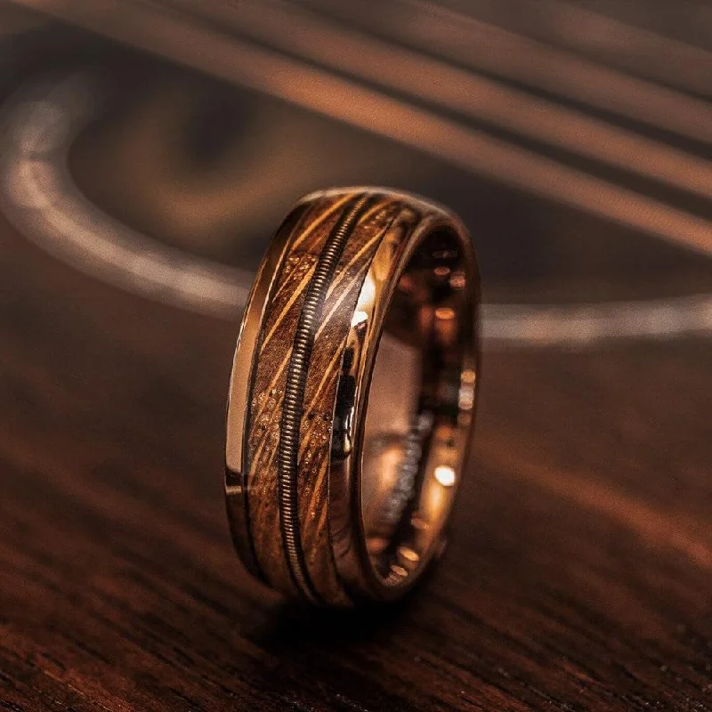 Premium Jewelry, Premium Discounts – Act Fast "Dionysus" Whisky Barrel Wood x Guitar String Ring- Rose Gold Tungsten Premium Jewelry, Premium Discounts – Act Fast "Dionysus" Whisky Barrel Wood x Guitar String Ring- Rose Gold Tungsten