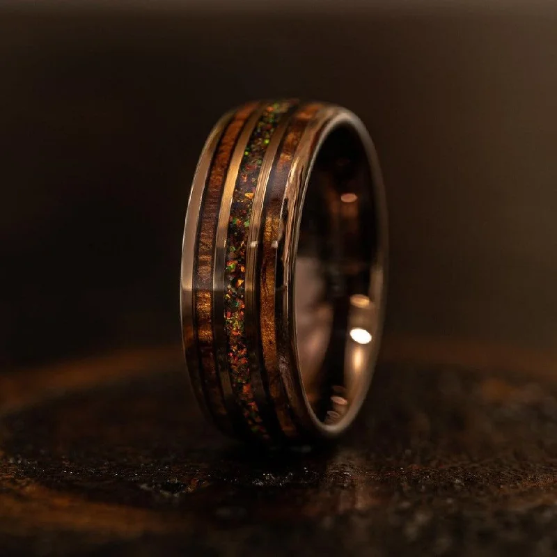 Timeless Beauty, Unbeatable Deals – Jewelry Sale On "Dionysus" Hawaiian Koa Wood x Rasta Opal Rose Gold Tungsten Ring Timeless Beauty, Unbeatable Deals – Jewelry Sale On "Dionysus" Hawaiian Koa Wood x Rasta Opal Rose Gold Tungsten Ring