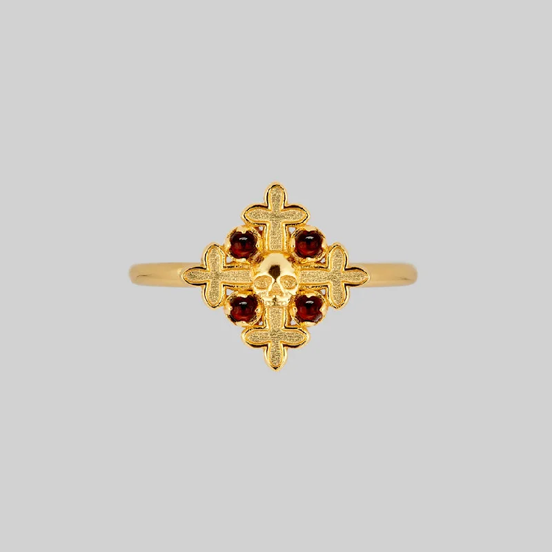 Dainty And Elegant Jewelry Now At Reduced Prices ELVIRA. Medieval Cross Garnet Ring - Gold