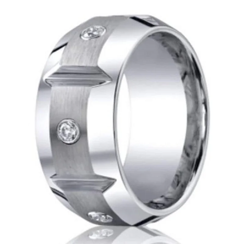 Modern Statement Jewelry For Bold Styling 10mm Cobalt Chrome Men's Grooved Wedding Ring with Diamonds