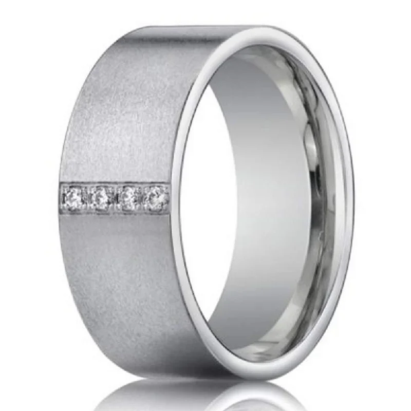 Elegant Jewelry Pieces At Unbelievable Prices 14K White Gold Wedding Ring with 4 Diamonds for Men | 8mm width Elegant Jewelry Pieces At Unbelievable Prices 14K White Gold Wedding Ring with 4 Diamonds for Men | 8mm width