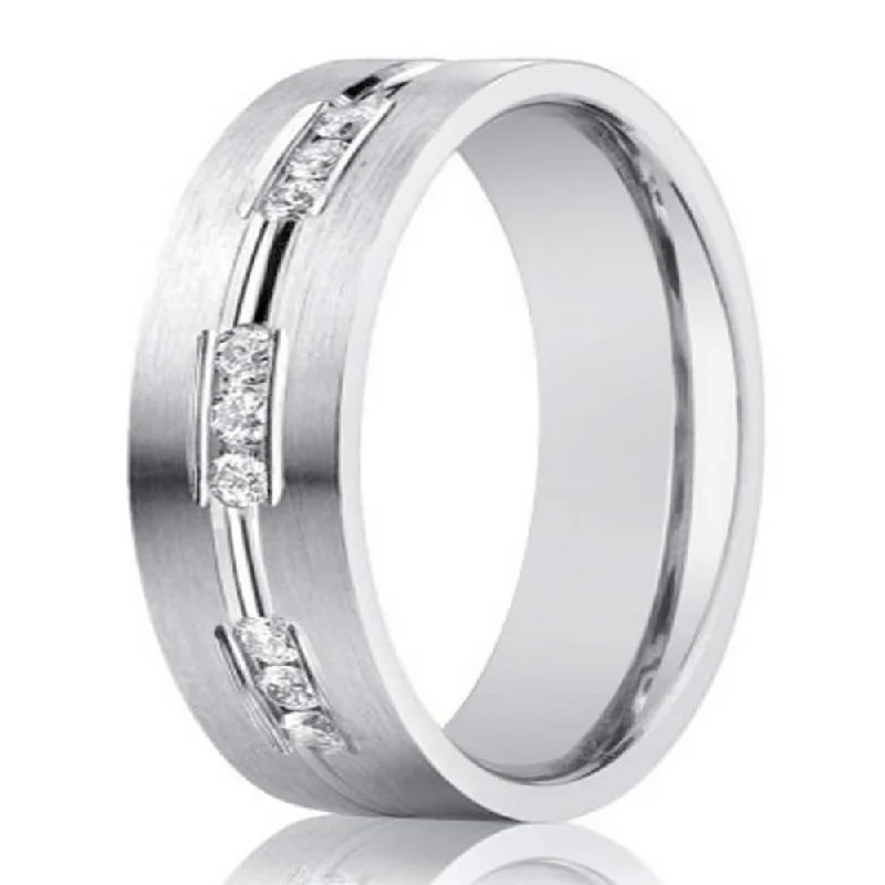 Shop Elegant Jewelry At Unbeatable Prices Designer 14K White Gold Wedding Band, 9 Channel Set Diamonds | 6mm Shop Elegant Jewelry At Unbeatable Prices Designer 14K White Gold Wedding Band, 9 Channel Set Diamonds | 6mm