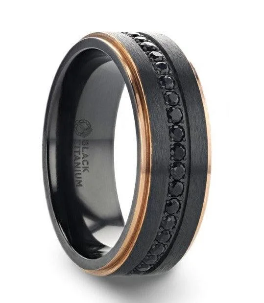Romantic Heart-Shaped Jewelry For Special Gifts ASTRO Flat Brushed Black Titanium Ring with Rose Gold Plated Edge and Black Sapphire Romantic Heart-Shaped Jewelry For Special Gifts ASTRO Flat Brushed Black Titanium Ring with Rose Gold Plated Edge and Black Sapphire