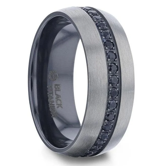 Personalized Engraved Jewelry For Meaningful Gifts AVIATOR Domed Brushed Titanium Men's Band- Black Sapphire Stones Inlay