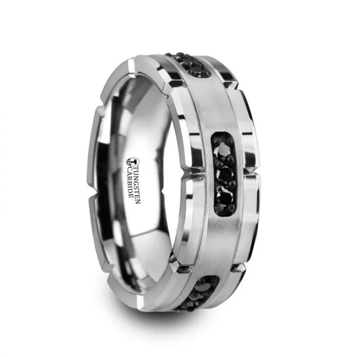 Exclusive Jewelry Sale – Limited-Time Discounts VALOR Grooved Tungsten Ring with Silver Inlay & Black Diamonds - 8mm Exclusive Jewelry Sale – Limited-Time Discounts VALOR Grooved Tungsten Ring with Silver Inlay & Black Diamonds - 8mm