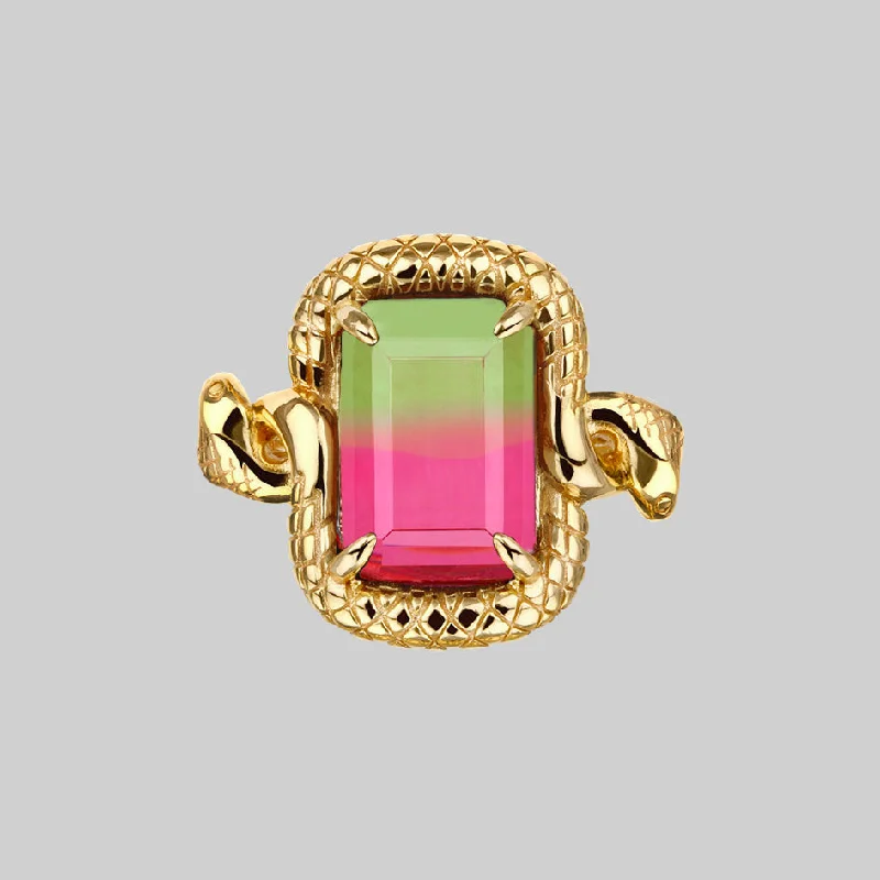 Delicate Crystal Jewelry For Sophisticated Charm MALICE. Tourmaline CZ Coiled Snake Cocktail Ring - Gold