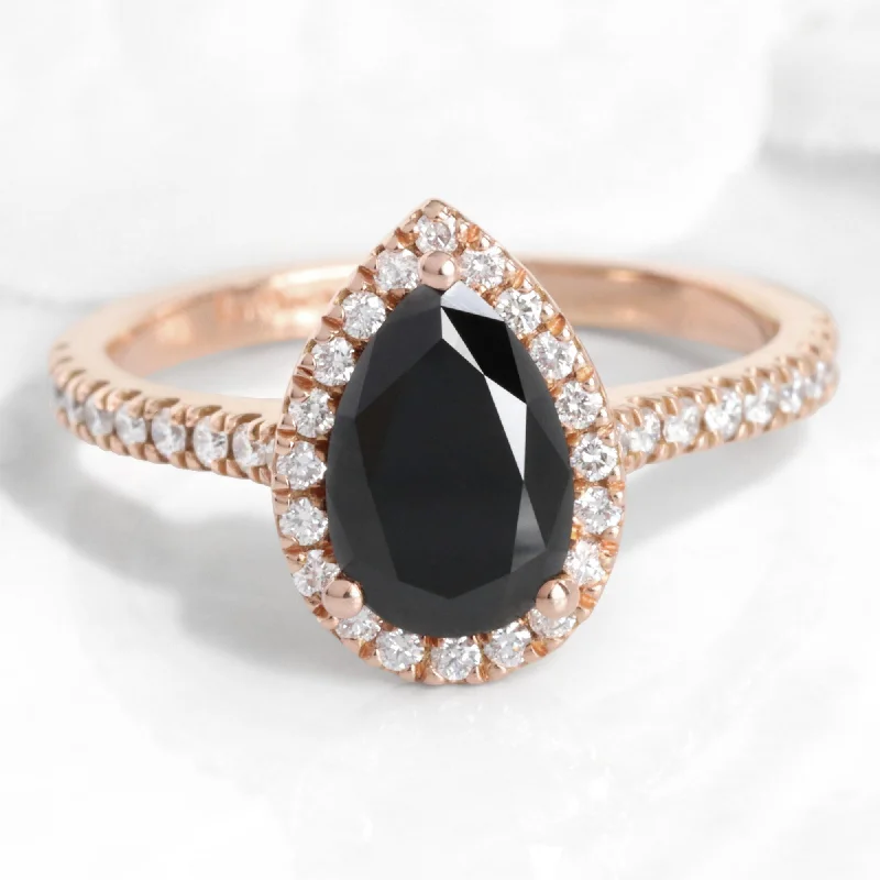 Shop Elegant Jewelry At Unbeatable Prices Pear Black Diamond Ring in Luna Halo Pave Diamond Band Shop Elegant Jewelry At Unbeatable Prices Pear Black Diamond Ring in Luna Halo Pave Diamond Band