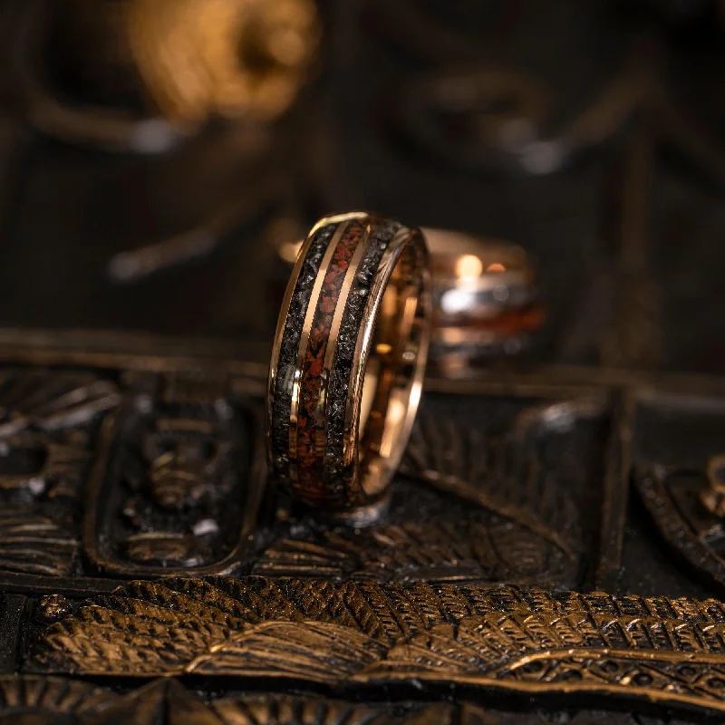 Timeless Elegance At Unbelievable Discounts "Perseus" Rose Gold Domed Tungsten Carbide Ring- Dinosaur Bones and Meteorite- 6mm/8mm Timeless Elegance At Unbelievable Discounts "Perseus" Rose Gold Domed Tungsten Carbide Ring- Dinosaur Bones and Meteorite- 6mm/8mm