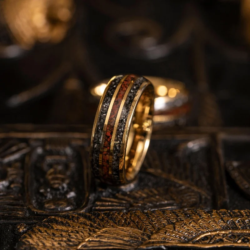 Limited-Stock Jewelry Sale – Shop Before It's Gone "Perseus" Yellow Gold Domed Tungsten Carbide Ring- Dinosaur and Meteorite- 6mm/8mm Limited-Stock Jewelry Sale – Shop Before It's Gone "Perseus" Yellow Gold Domed Tungsten Carbide Ring- Dinosaur and Meteorite- 6mm/8mm