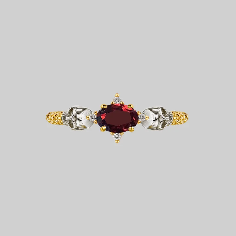 Handmade Pearl Jewelry For Timeless Elegance POISON. Garnet & Skulls Ring - Gold