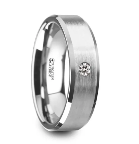 Eco-Friendly Sustainable Jewelry For Conscious Buyers PORTER Brushed Finish Tungsten Ring with White Diamond Setting and Beveled Edges Eco-Friendly Sustainable Jewelry For Conscious Buyers PORTER Brushed Finish Tungsten Ring with White Diamond Setting and Beveled Edges