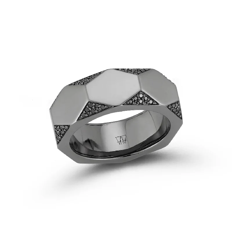 Exclusive Gemstone Jewelry At Special Prices QUENTIN 18K BLACK GOLD AND BLACK DIAMOND FACETED HEXAGON PATTERN BAND RING Exclusive Gemstone Jewelry At Special Prices QUENTIN 18K BLACK GOLD AND BLACK DIAMOND FACETED HEXAGON PATTERN BAND RING