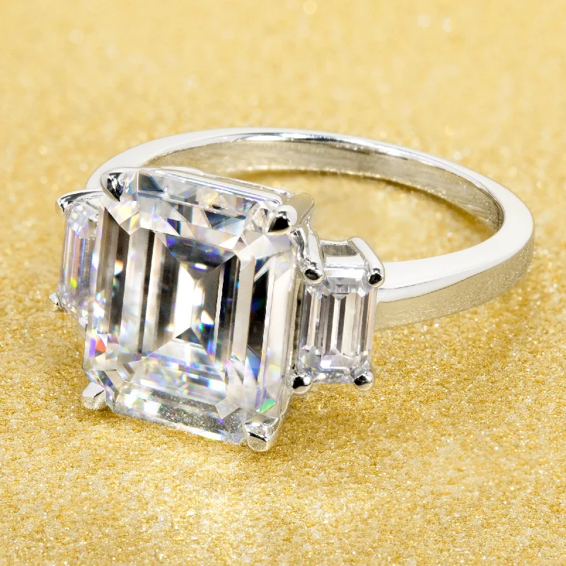 Limited Stock On Premium Jewelry At Low Prices The Lux, 5ct Emerald-cut Moissanite Three-Stone Ring Limited Stock On Premium Jewelry At Low Prices The Lux, 5ct Emerald-cut Moissanite Three-Stone Ring