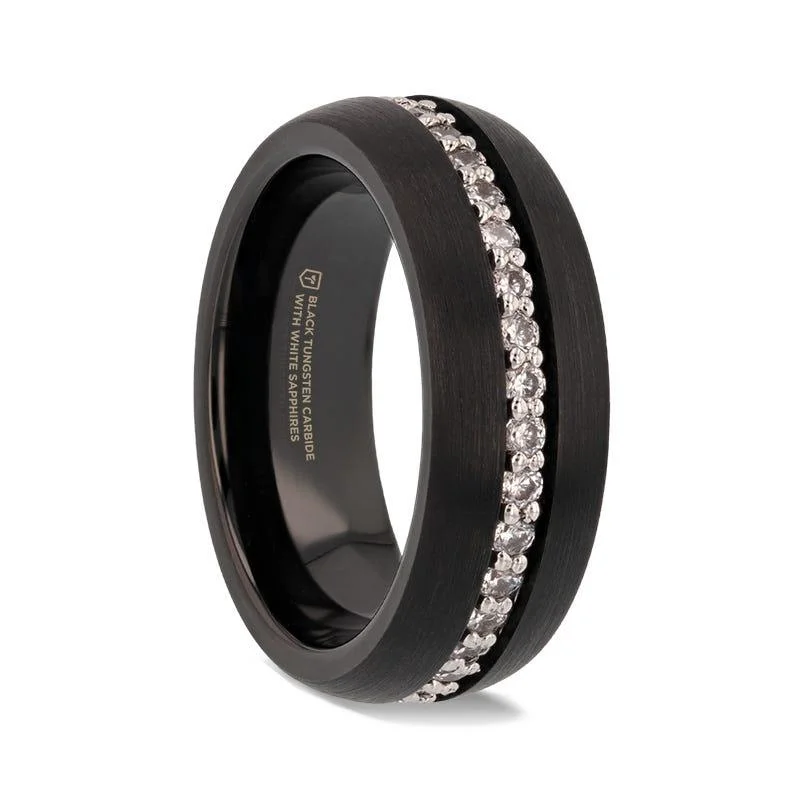 Versatile Layering Jewelry For Effortless Chic TSAR Black Tungsten Carbide Ring Domed Brushed Finish with White Sapphires - 8mm Versatile Layering Jewelry For Effortless Chic TSAR Black Tungsten Carbide Ring Domed Brushed Finish with White Sapphires - 8mm