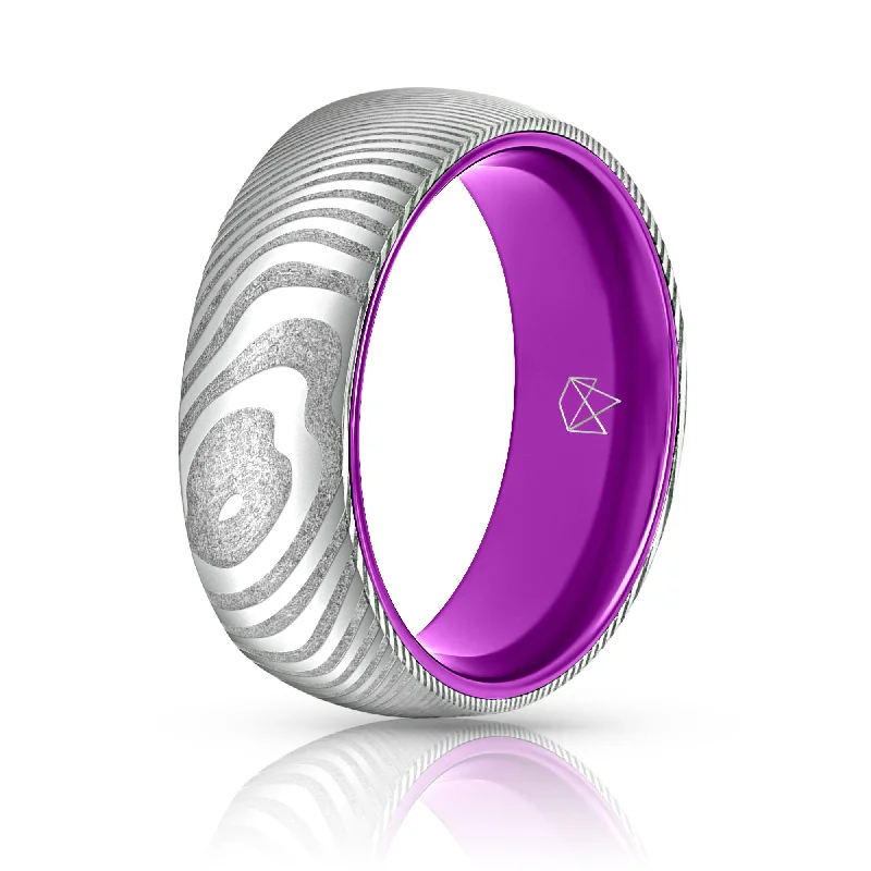 Bestselling Jewelry At Special Promotional Rates Wood Grain Damascus Steel Ring - Resilient Purple Bestselling Jewelry At Special Promotional Rates Wood Grain Damascus Steel Ring - Resilient Purple
