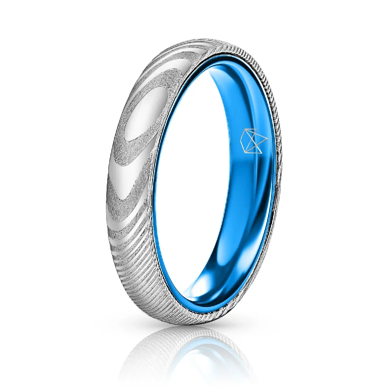 Don't Miss Our Biggest Jewelry Sale Of The Season Wood Grain Damascus Steel Ring - Resilient Blue - 4MM