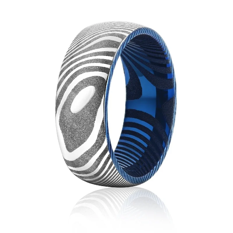 Get The Sparkle You Love At Prices You Adore Wood Grain Damascus Steel Ring - Silver/Blue Minimalist Get The Sparkle You Love At Prices You Adore Wood Grain Damascus Steel Ring - Silver/Blue Minimalist