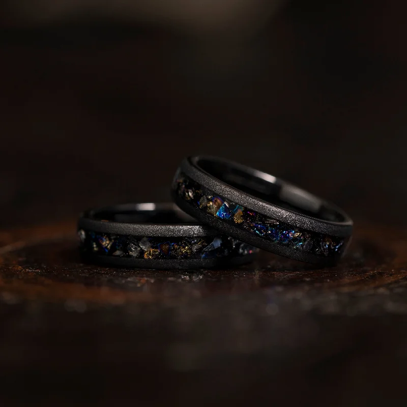 Shop Dazzling Jewelry At The Best Prices "Zeus" Domed Dark Nebula Ring- Meteorite and Opal- Black 5mm Womens
