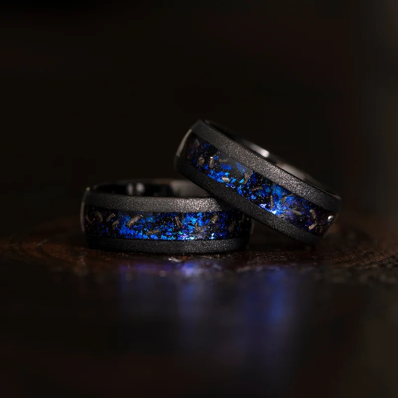 Personalized Jewelry At Special Discount Rates "Zeus" Domed Nebula Ring- Meteorite and Opal- Black 8mm
