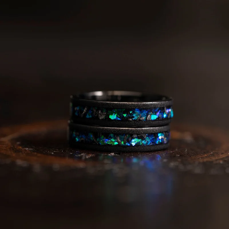 Luxury Jewelry Sale – Elegant Styles At Unbeatable Prices "Zeus" Flat Green Blue Nebula Ring- Meteorite and Opal- Black 5mm Womens Luxury Jewelry Sale – Elegant Styles At Unbeatable Prices "Zeus" Flat Green Blue Nebula Ring- Meteorite and Opal- Black 5mm Womens
