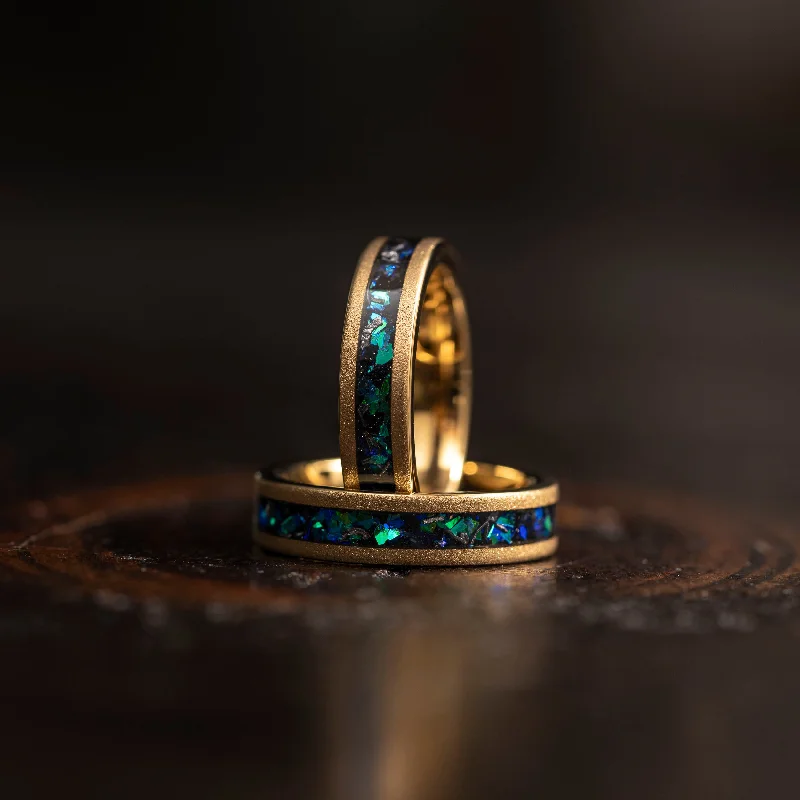 Exclusive Jewelry Offers – Shine For Less "Zeus" Flat Green Blue Nebula Ring- Meteorite and Opal- Gold Tungsten 5mm Womens