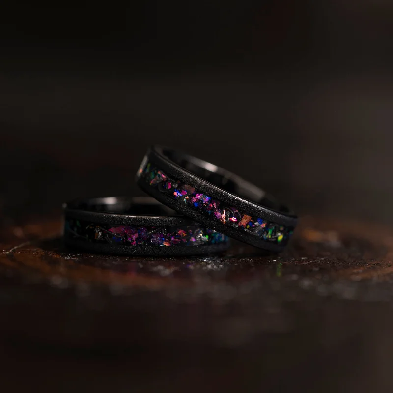 Fashion-Forward Geometric Jewelry For Contemporary Style "Zeus" Flat Purple Nebula Ring- Meteorite and Opal- Black 5mm Womens