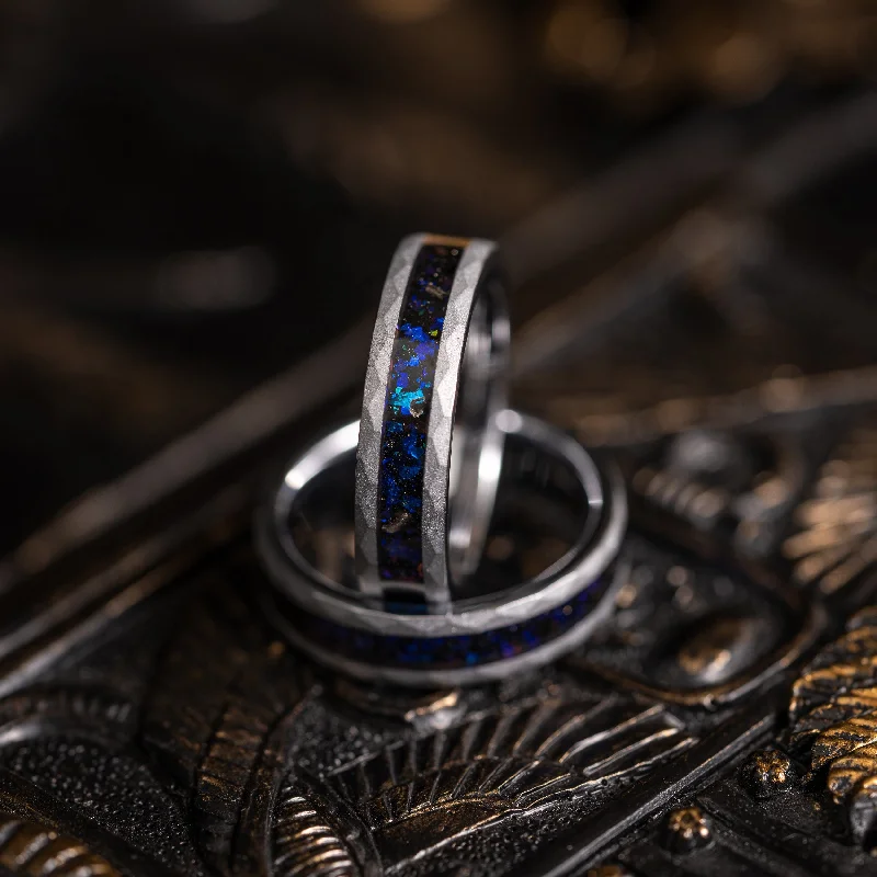 Elegant Jewelry, Exclusive Prices – Shop Now "Zeus" Hammered Blue Nebula Ring- Meteorite and Opal- Silver 5mm Womens
