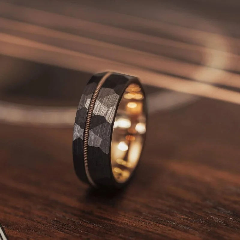 Luxury Jewelry Sale – Sparkle For Less "Zeus" Hammered Guitar String Ring- Black with Guitar String