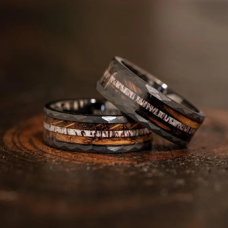Sparkle On A Budget – Fine Jewelry For Less "Zeus" Hammered Ring- Black with Charred Whiskey Barrel and Antler - 6mm/8mm Sparkle On A Budget – Fine Jewelry For Less "Zeus" Hammered Ring- Black with Charred Whiskey Barrel and Antler - 6mm/8mm