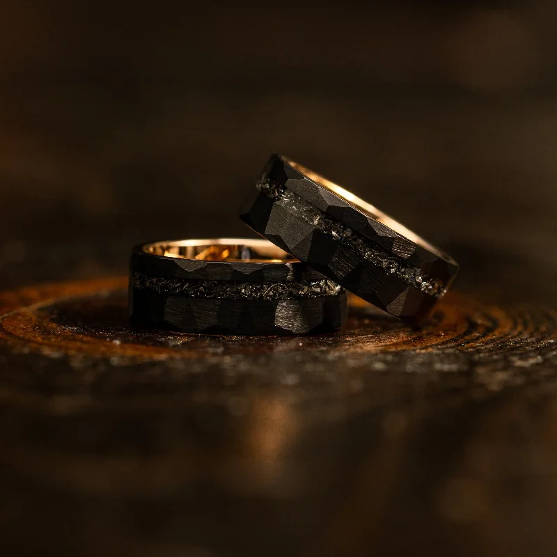 Shop High-Quality Jewelry At Jaw-Dropping Discounts "Zeus" Hammered Tungsten Carbide Ring- Black/Rose Gold w/ Meteorite- 8mm Shop High-Quality Jewelry At Jaw-Dropping Discounts "Zeus" Hammered Tungsten Carbide Ring- Black/Rose Gold w/ Meteorite- 8mm