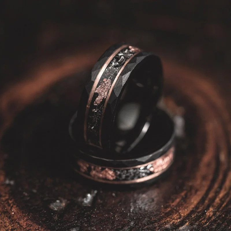 Flash Sale On Exquisite Jewelry – Don't Miss Out "Zeus" Hammered Tungsten Carbide Ring- Black w/ Meteorite & Rose Gold Leaf- 6mm/8mm